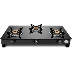 Preethi Bluflame Sparkle Power Duo Glass top 3 Open burner gas stove, Manual Ignition Glass Manual Gas Stove (3 Burners)