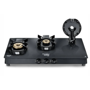 Prestige Svachh Neo 3 Burner Gas Stove | Easy Clean Design-3 Liftable Burners | Toughened Glass Top | Tri-Pin Brass Burners | 1 Jumbo Burner | Ergonomic Knob | Black | 5Y Glass Warranty |ISI Certified