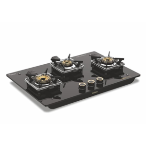 Vidiem Vogue 3-Burner Gas Cooktop/Hob | World's First Fully Removable Burner Assembly | 10Mm Toughened Glass | Hexa Flame Forged Brass Burners | 5Mm Thick Pan Support | Manual Ignition - Black